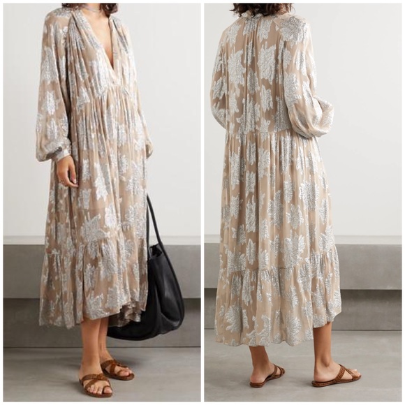 IRO Dresses & Skirts - IRO Katte Fil Coupé Crepe De Chine Midi Dress Beige  Metallic Floral